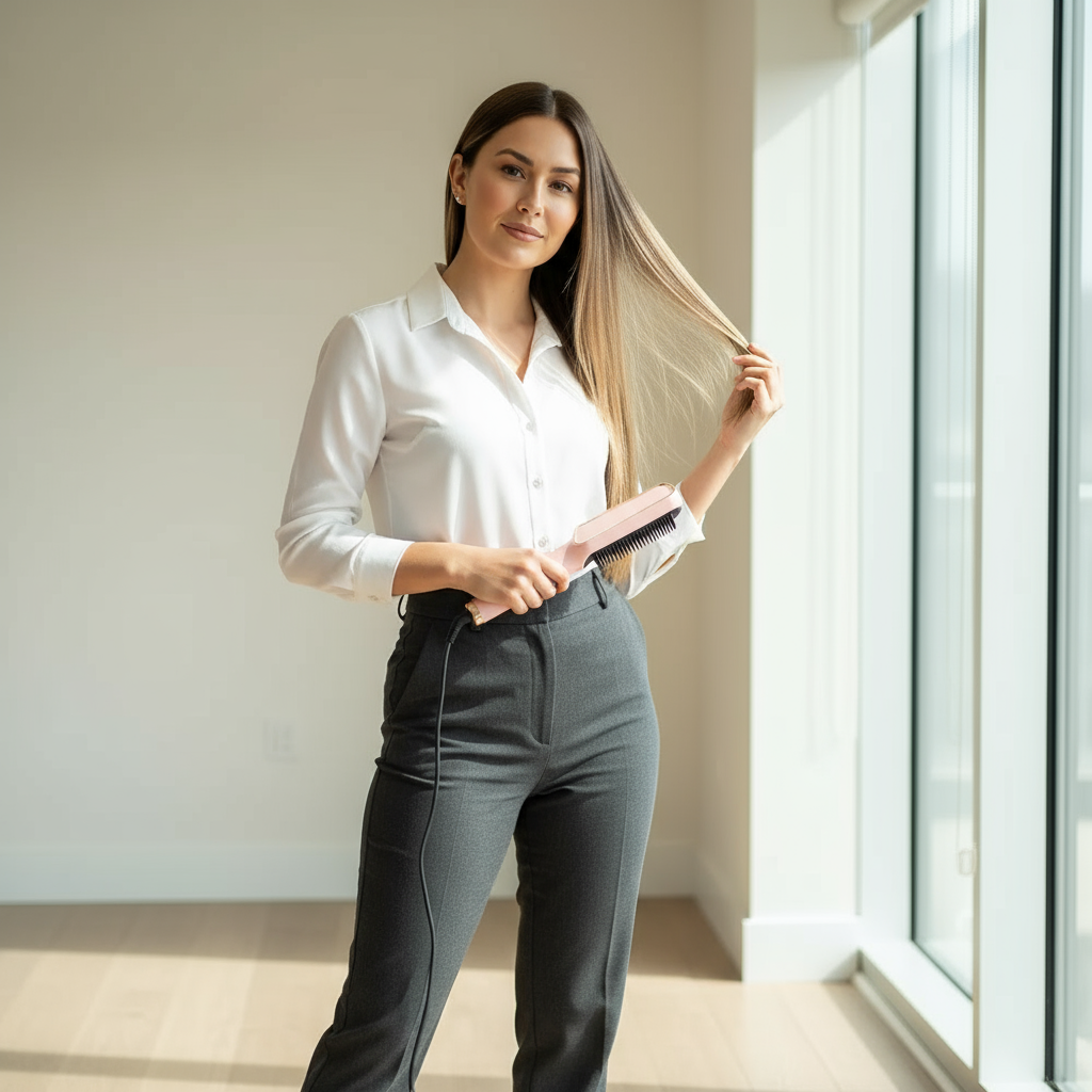 NOORWA Hair Straightener Professional Studio Use - Woman in White Styling Hair with 2-in-1 Ceramic Tool in Bright Room