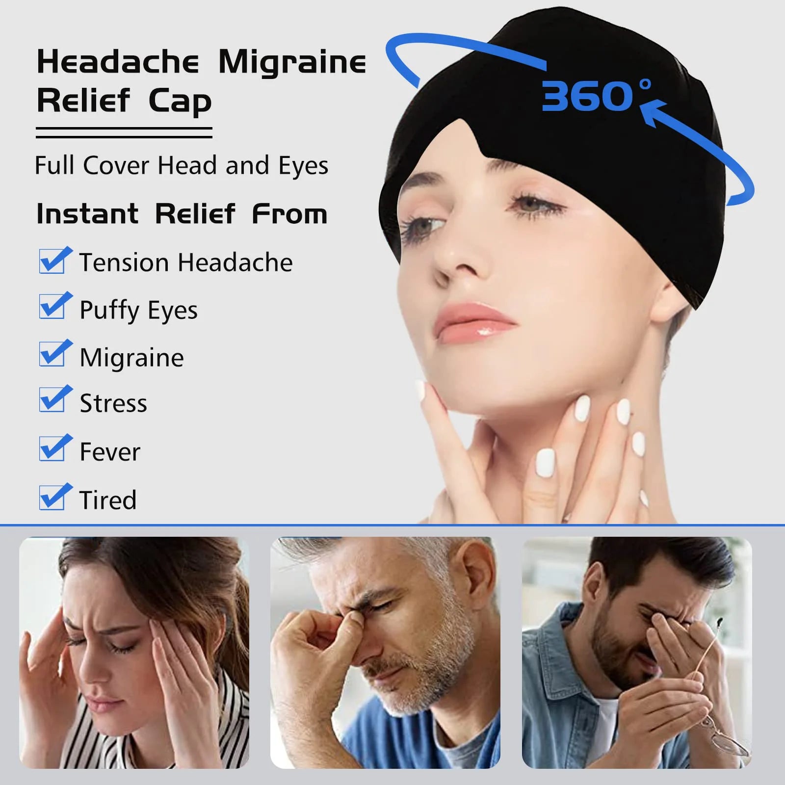 Migraine Relief Cap | Headache Ice Hat Cold Compress – 360° Gel Comfort (Black/Pink)