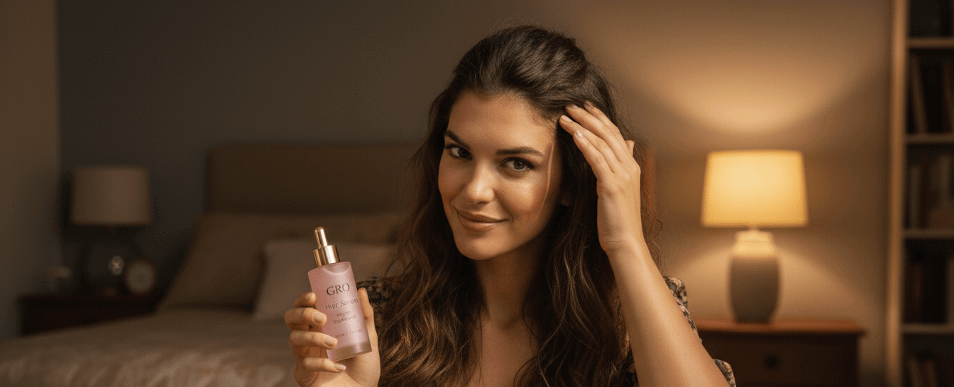 woman checking wider part in bathroom mirror before starting a scalp routine