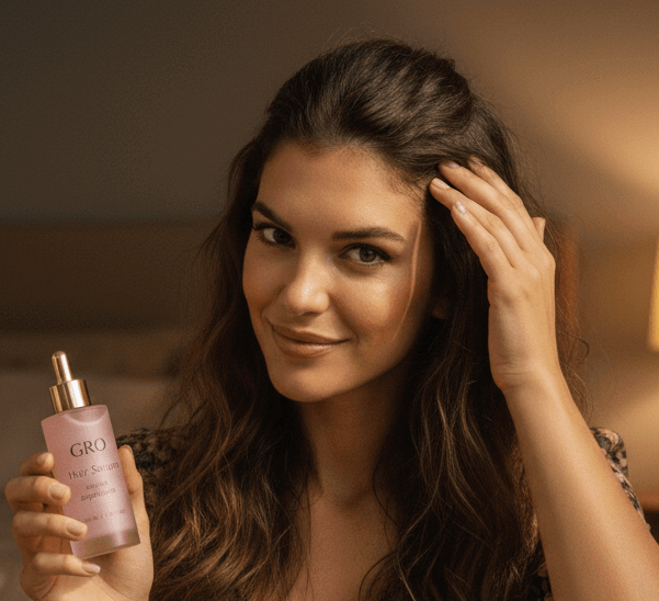 woman holding hair serum bottle noorwa.com